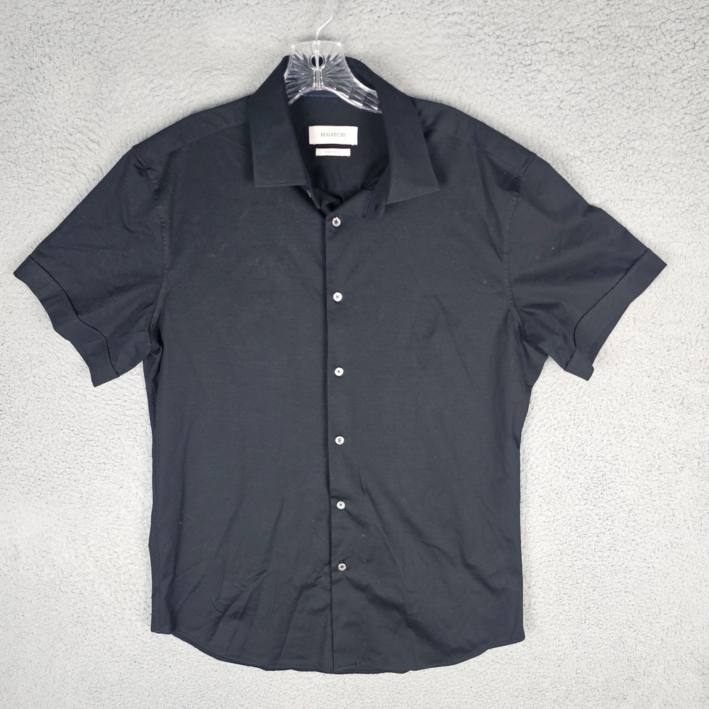 Bugatchi Button Down Shirt Mens L Black ISF9500K60 8-Way Stretch Short Sleeve